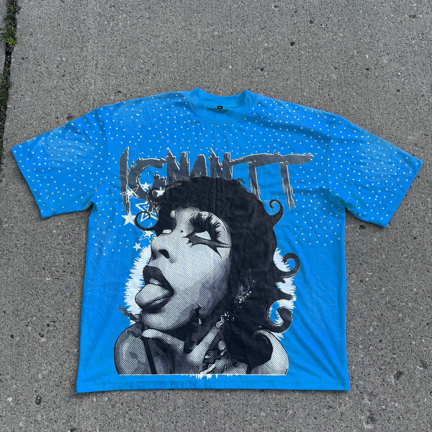 Rhinestoned Blue Oversized Graphic Tee