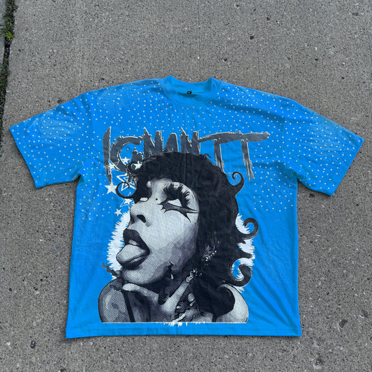 Rhinestoned Blue Oversized Graphic Tee