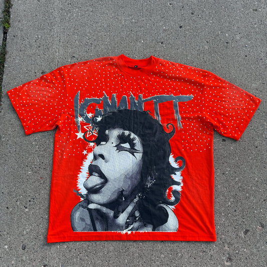 Rhinestoned Red Oversized Graphic Tee